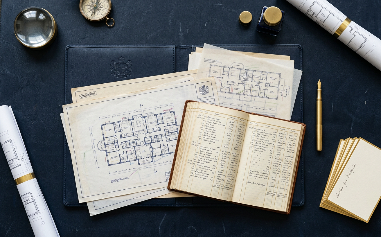 Executive evidence dossier with floor plans, a financial ledger and a brass pen on a dark desk