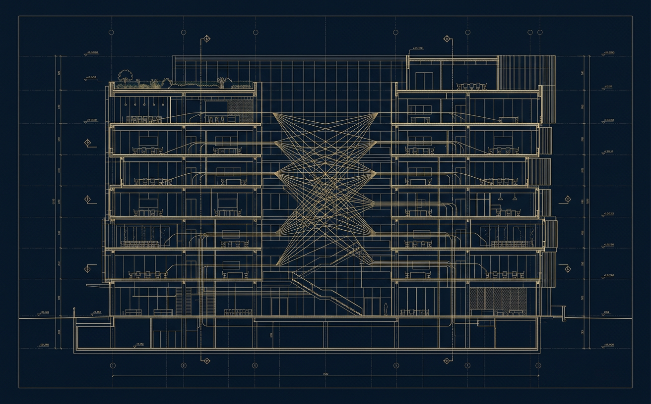 Architectural blueprint of an enterprise headquarters with layered floors connected by fine gold lines