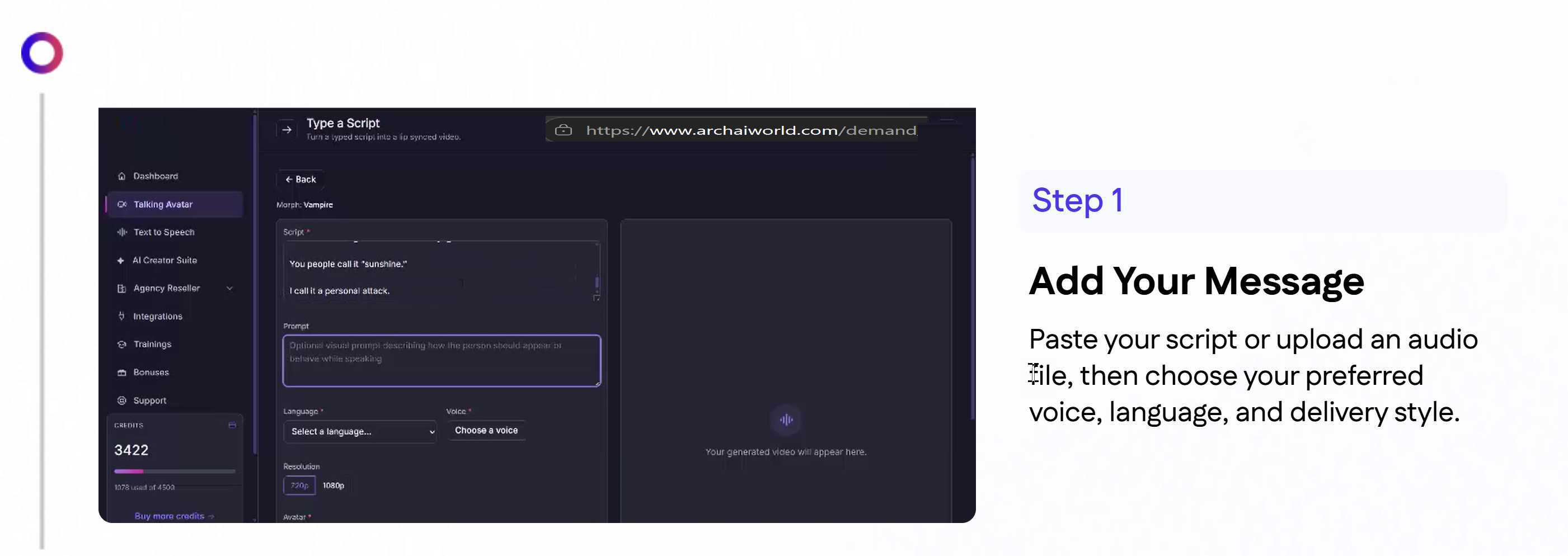 Paso 1: pantalla para pegar el guion o subir un archivo de audio y elegir voz, idioma y estilo de entrega